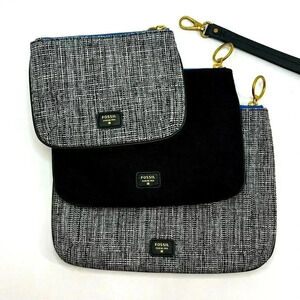 NEW FOSSIL 3 PC IVY TRIPLE BLACK+GRAY CANVAS ZIP‎ CLUTCH,WRISTLET,BAG,PURSE BLUE